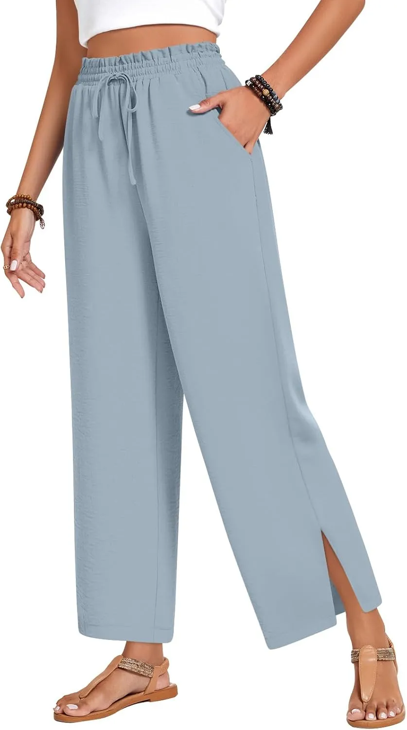 Anyhold Womens Wide Leg Lounge Pants Loose High Waisted Side Slit Pants Drawstring Casual Palazzo Pants with Pockets