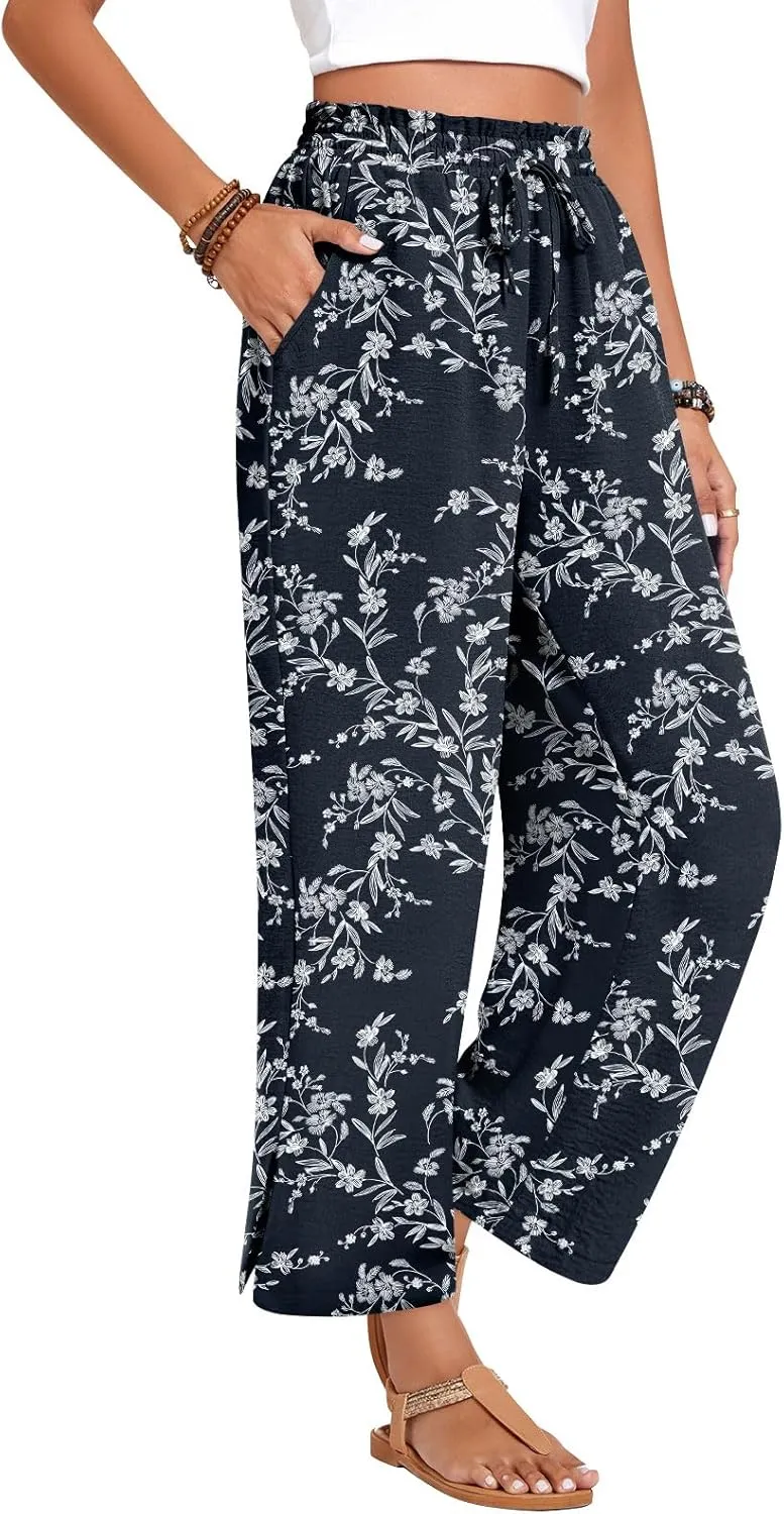Anyhold Womens Wide Leg Lounge Pants Loose High Waisted Side Slit Pants Drawstring Casual Palazzo Pants with Pockets