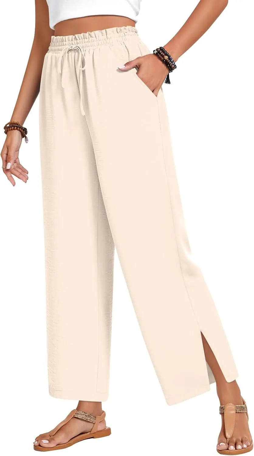 Anyhold Womens Wide Leg Lounge Pants Loose High Waisted Side Slit Pants Drawstring Casual Palazzo Pants with Pockets