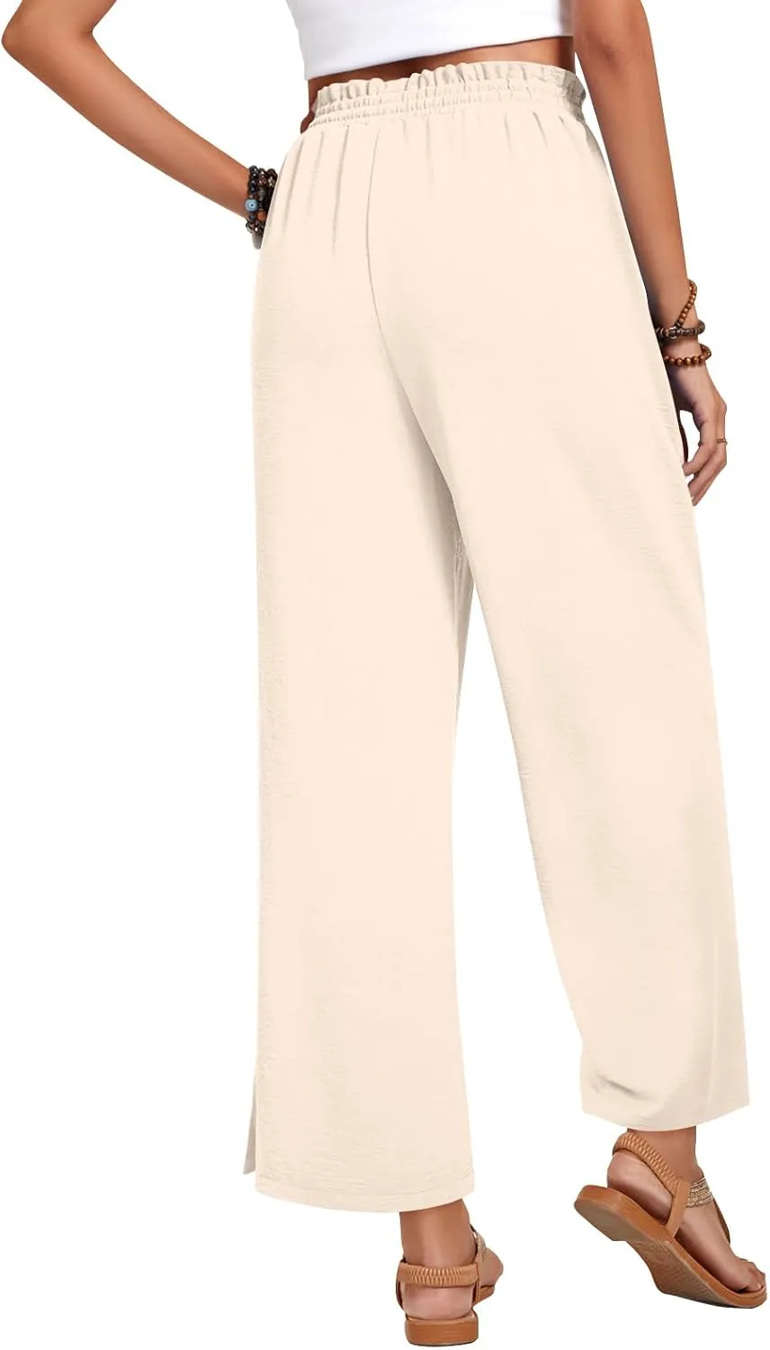 Anyhold Womens Wide Leg Lounge Pants Loose High Waisted Side Slit Pants Drawstring Casual Palazzo Pants with Pockets