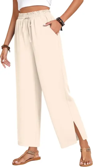 Anyhold Womens Wide Leg Lounge Pants Loose High Waisted Side Slit Pants Drawstring Casual Palazzo Pants with Pockets
