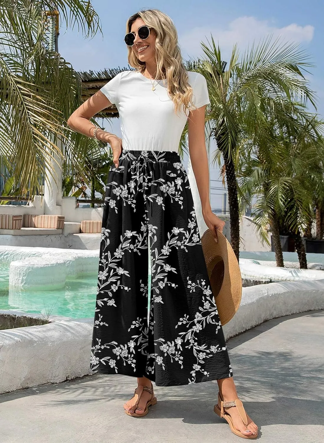 Aodemo Womens Wide Leg Pants Drawstring Trousers Loose Palazzo Casual Beach High Waist Flowy Pants with Pockets