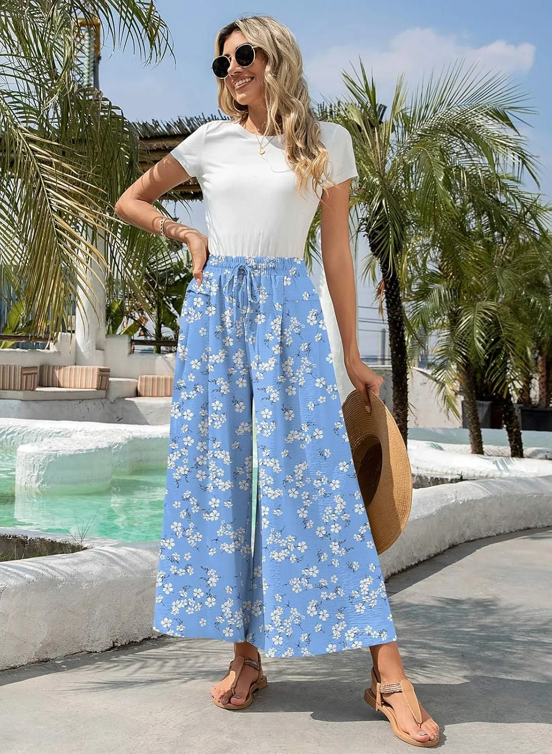 Aodemo Womens Wide Leg Pants Drawstring Trousers Loose Palazzo Casual Beach High Waist Flowy Pants with Pockets