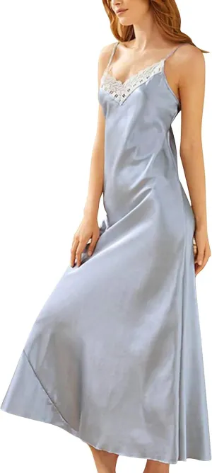 ASHER FASHION Satin Nightgowns for Women Long Silk Nightdress Vintage Lace Chemise Maxi Sleepwear