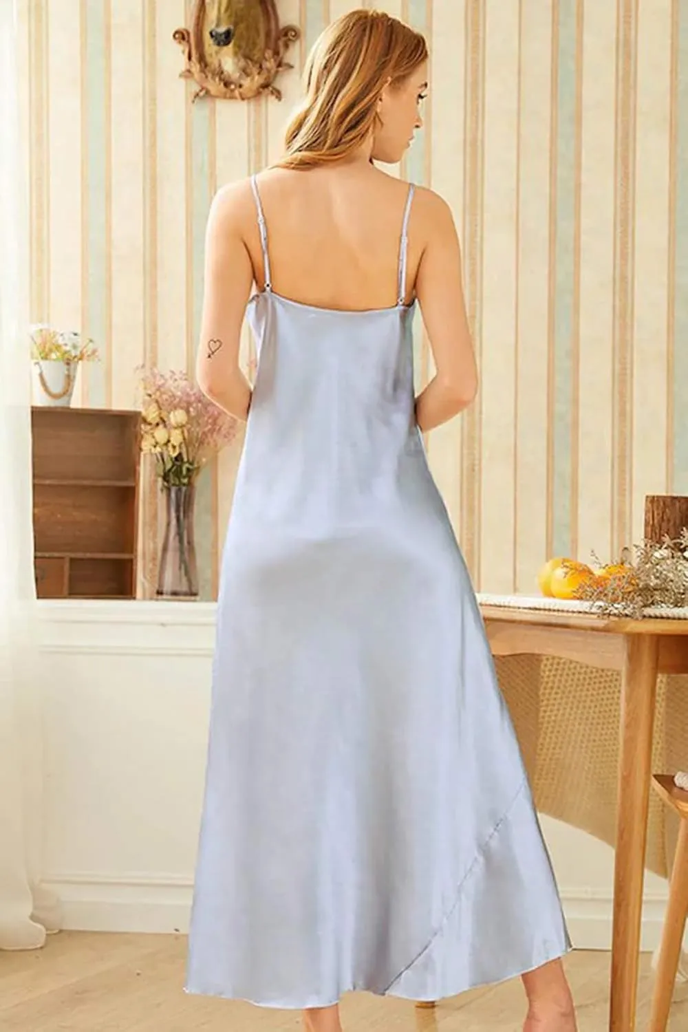 ASHER FASHION Satin Nightgowns for Women Long Silk Nightdress Vintage Lace Chemise Maxi Sleepwear