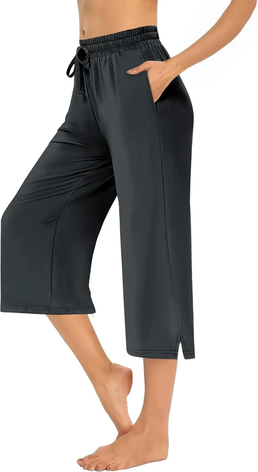 AURUZA Women's Capri Pants-Loose Fit, High-Waisted, Wide Leg Lounge Trousers Palazzo with Pocketsfor Yoga and Casual