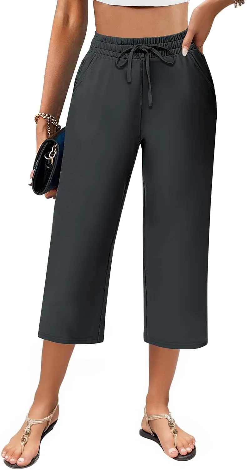 AURUZA Women's Capri Pants-Loose Fit, High-Waisted, Wide Leg Lounge Trousers Palazzo with Pocketsfor Yoga and Casual