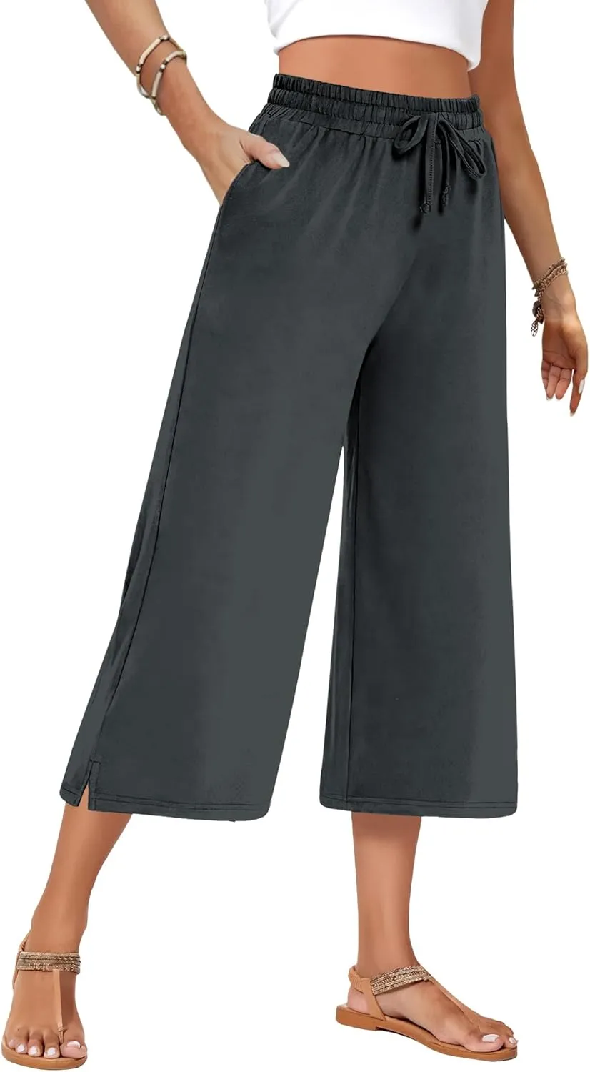 AURUZA Women's Capri Pants-Loose Fit, High-Waisted, Wide Leg Lounge Trousers Palazzo with Pocketsfor Yoga and Casual