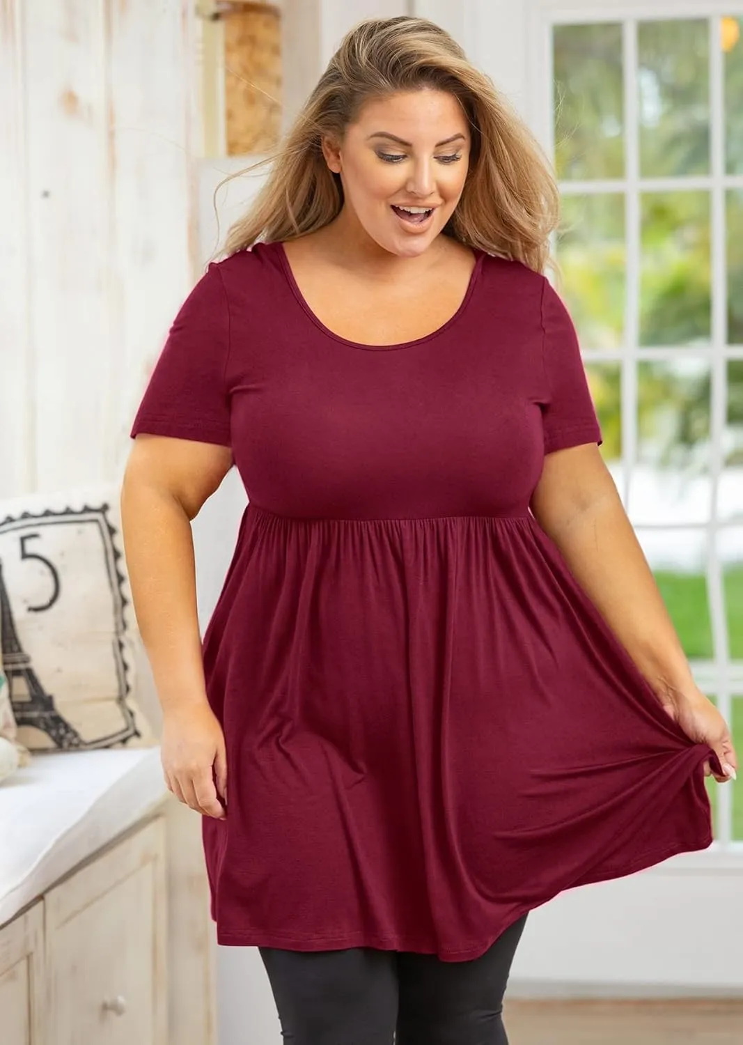 AusLook Women's Plus Size Tunic Short Sleeve Clothes Scoop Neck Summer Tops Pleated Flowy Loose Fit Babydoll T Shirt L-5X