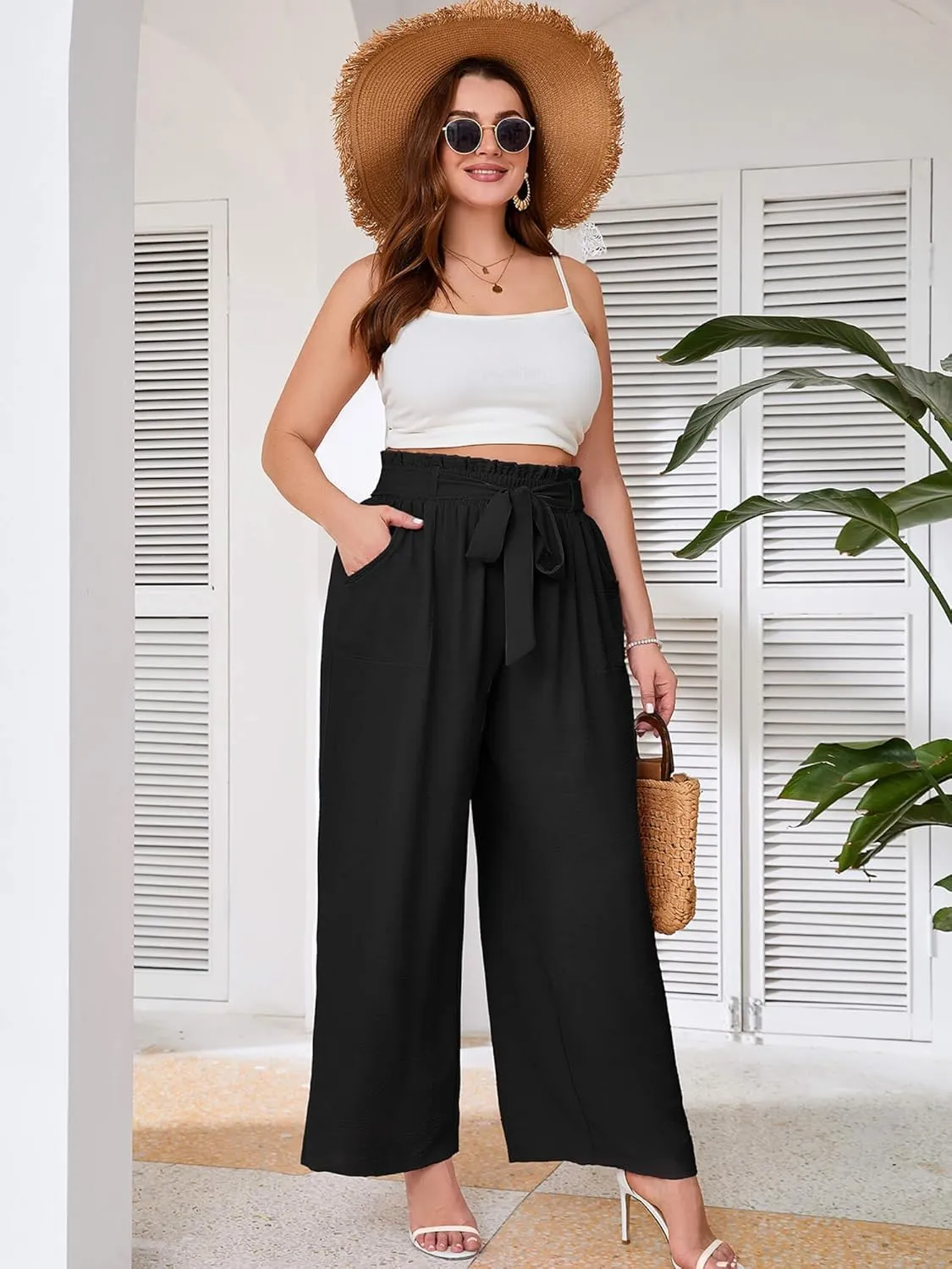 AusLook Women's Plus Size Wide Leg Lounge Pants with Pockets High Waisted Palazzo Adjustable Tie Knot Flowy Trousers