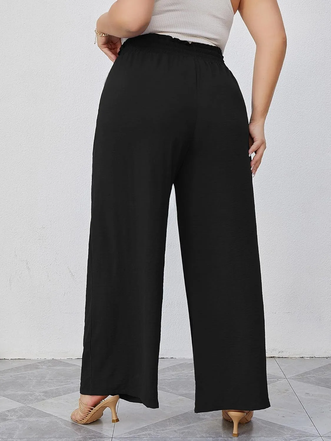 AusLook Women's Plus Size Wide Leg Lounge Pants with Pockets High Waisted Palazzo Adjustable Tie Knot Trousers