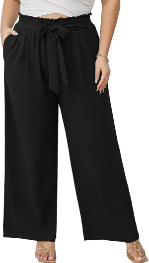 AusLook Women's Plus Size Wide Leg Lounge Pants with Pockets High Waisted Palazzo Adjustable Tie Knot Trousers