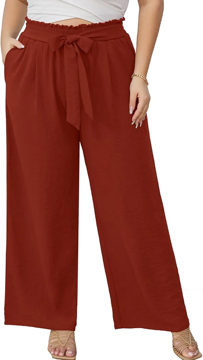 AusLook Women's Plus Size Wide Leg Lounge Pants with Pockets High Waisted Palazzo Adjustable Tie Knot Trousers
