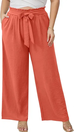AusLook Women's Plus Size Wide Leg Lounge Pants with Pockets High Waisted Palazzo Adjustable Tie Knot Trousers