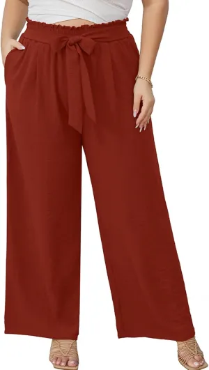 AusLook Women's Plus Size Wide Leg Lounge Pants with Pockets High Waisted Palazzo Adjustable Tie Knot Trousers