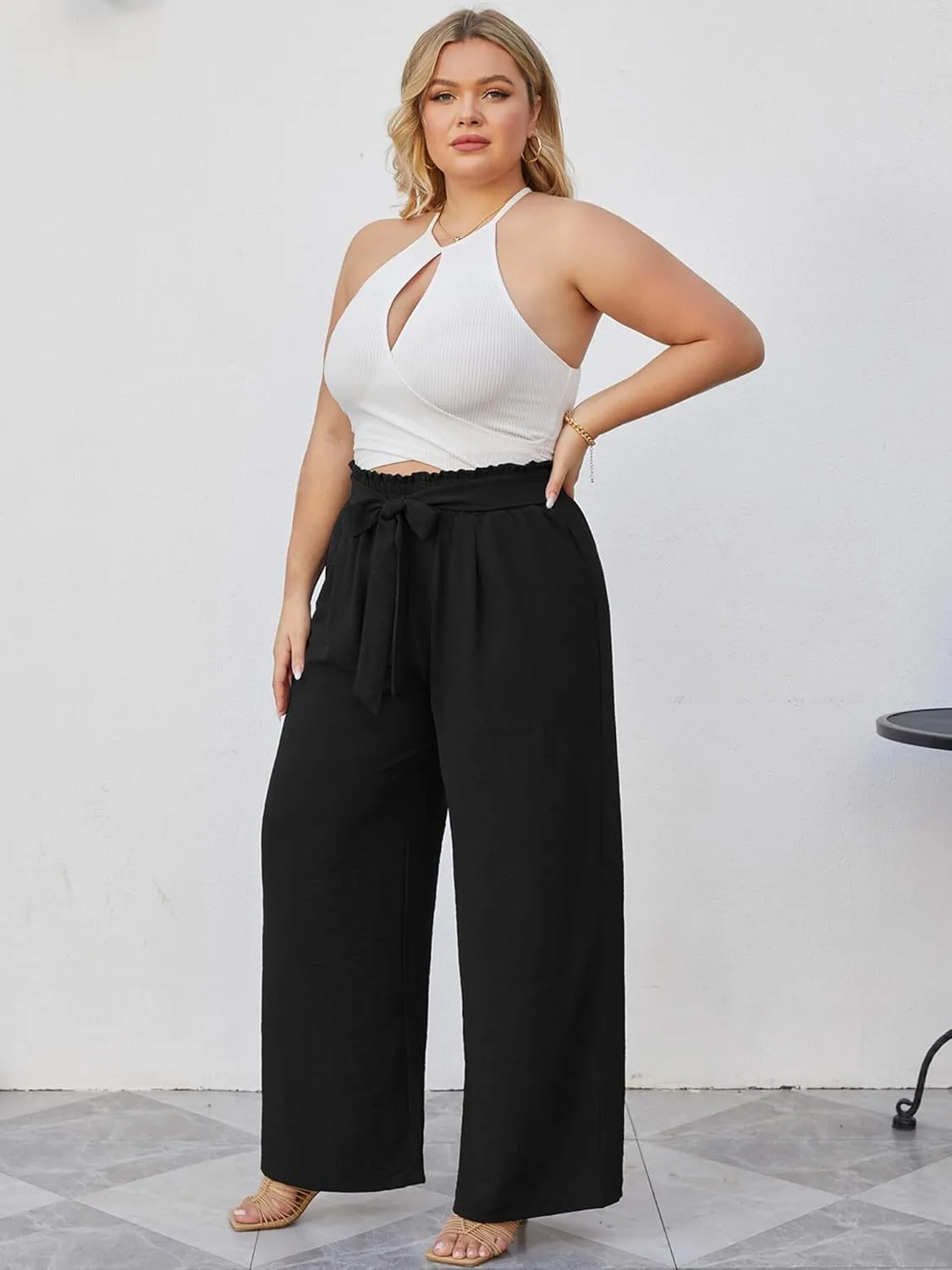 AusLook Women's Plus Size Wide Leg Lounge Pants with Pockets High Waisted Palazzo Adjustable Tie Knot Trousers