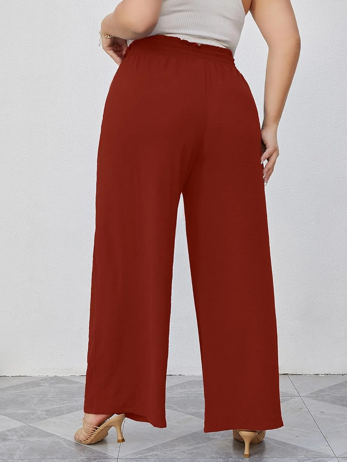 AusLook Women's Plus Size Wide Leg Lounge Pants with Pockets High Waisted Palazzo Adjustable Tie Knot Trousers