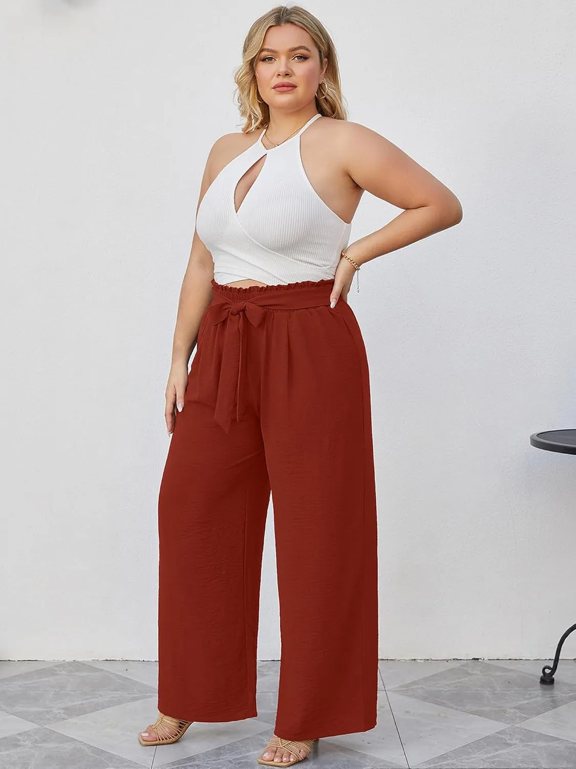 AusLook Women's Plus Size Wide Leg Lounge Pants with Pockets High Waisted Palazzo Adjustable Tie Knot Trousers
