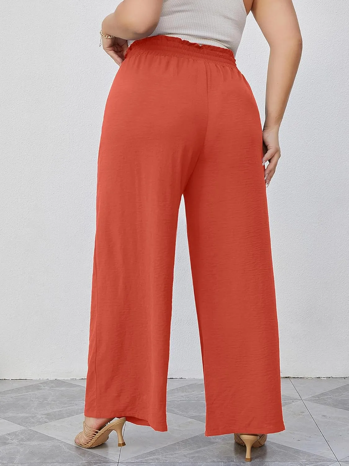AusLook Women's Plus Size Wide Leg Lounge Pants with Pockets High Waisted Palazzo Adjustable Tie Knot Trousers