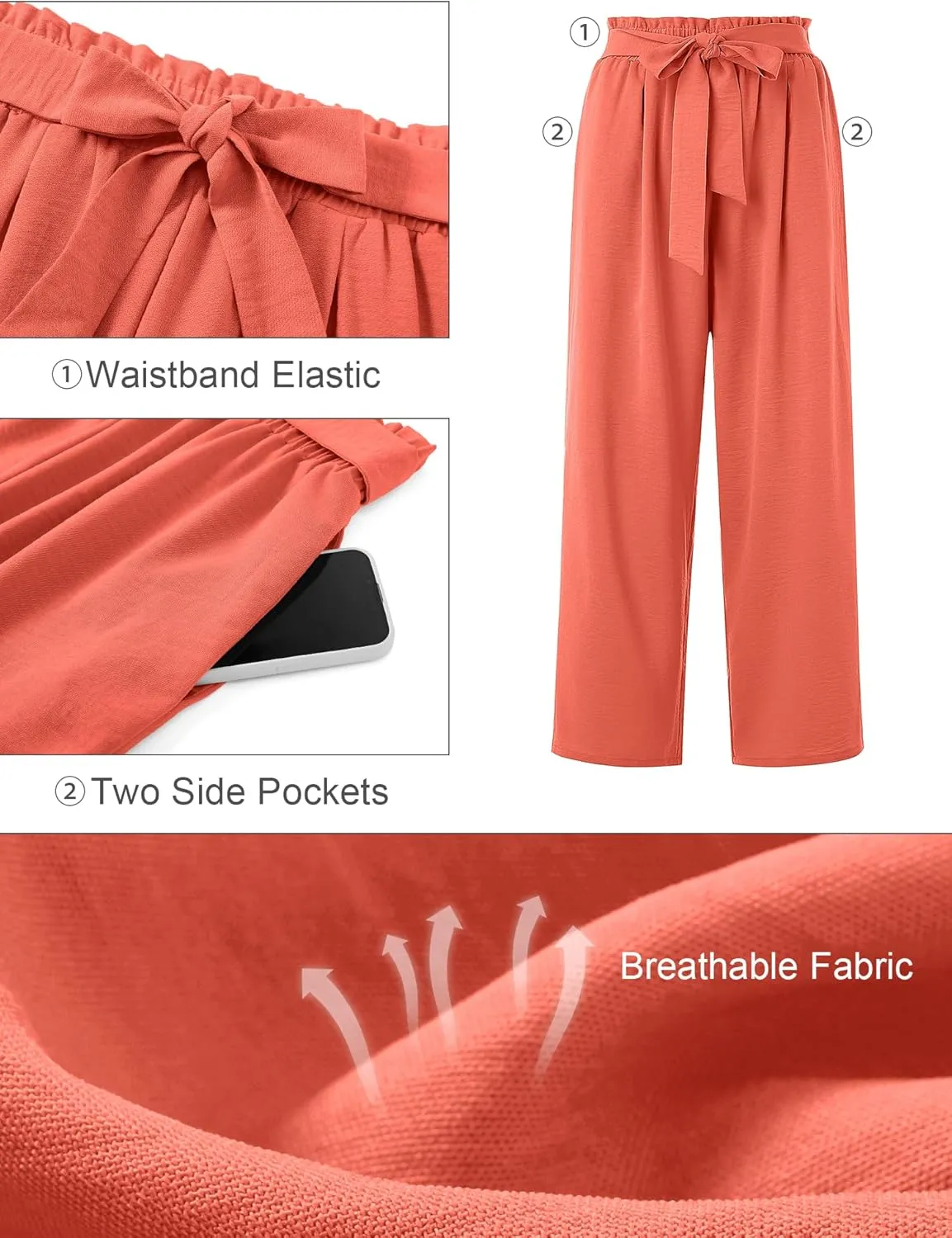AusLook Women's Plus Size Wide Leg Lounge Pants with Pockets High Waisted Palazzo Adjustable Tie Knot Trousers
