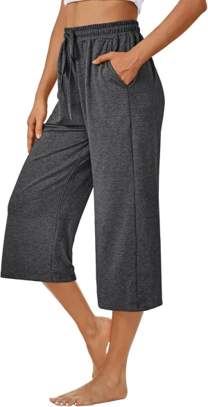 AUTOMET Womens Capris Pants Wide Leg Summer 2025 Sweatpants Drawstring Loose Lounge Palazzo Casual Crop Trouser with Pocket