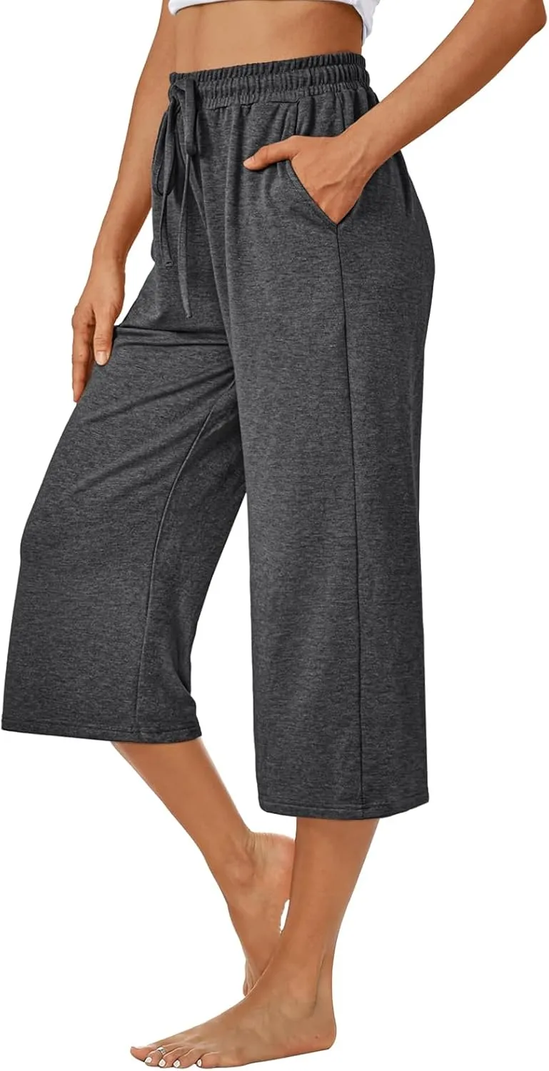 AUTOMET Womens Capris Pants Wide Leg Summer 2025 Sweatpants Drawstring Loose Lounge Palazzo Casual Crop Trouser with Pocket