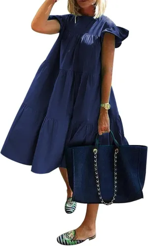 Baby Doll Dress Sundresses Boho Dress Women's Sleeveless Ruffle Sleeve Round Neck Loose Short Flowy Mini Dresses