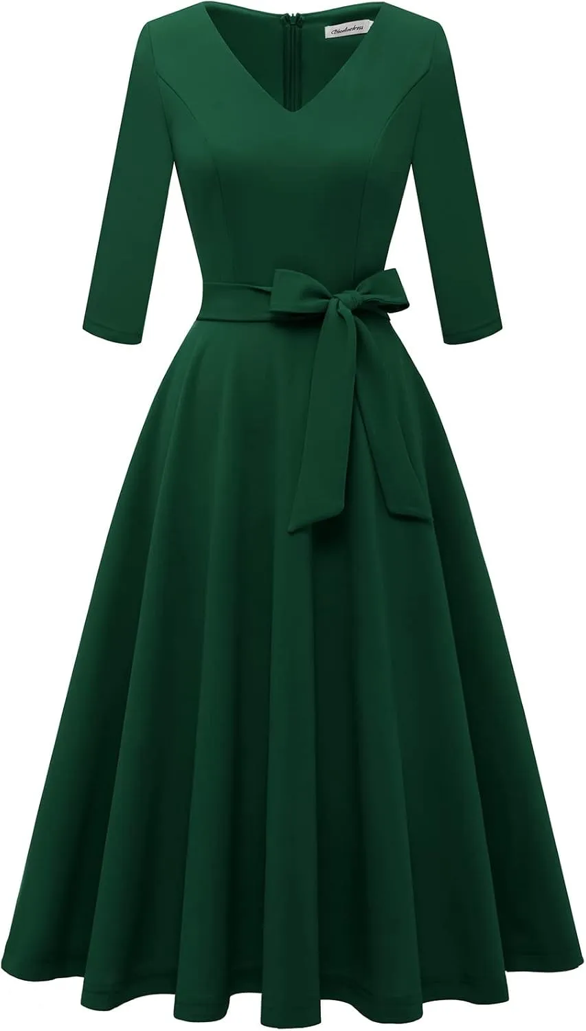 Bbonlinedress Women Casual Vintage Tea Dress Cocktail Prom Midi Church Dresses, V-Neck 3/4 Sleeves Dress