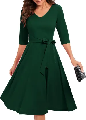Bbonlinedress Women Casual Vintage Tea Dress Cocktail Prom Midi Church Dresses, V-Neck 3/4 Sleeves Dress