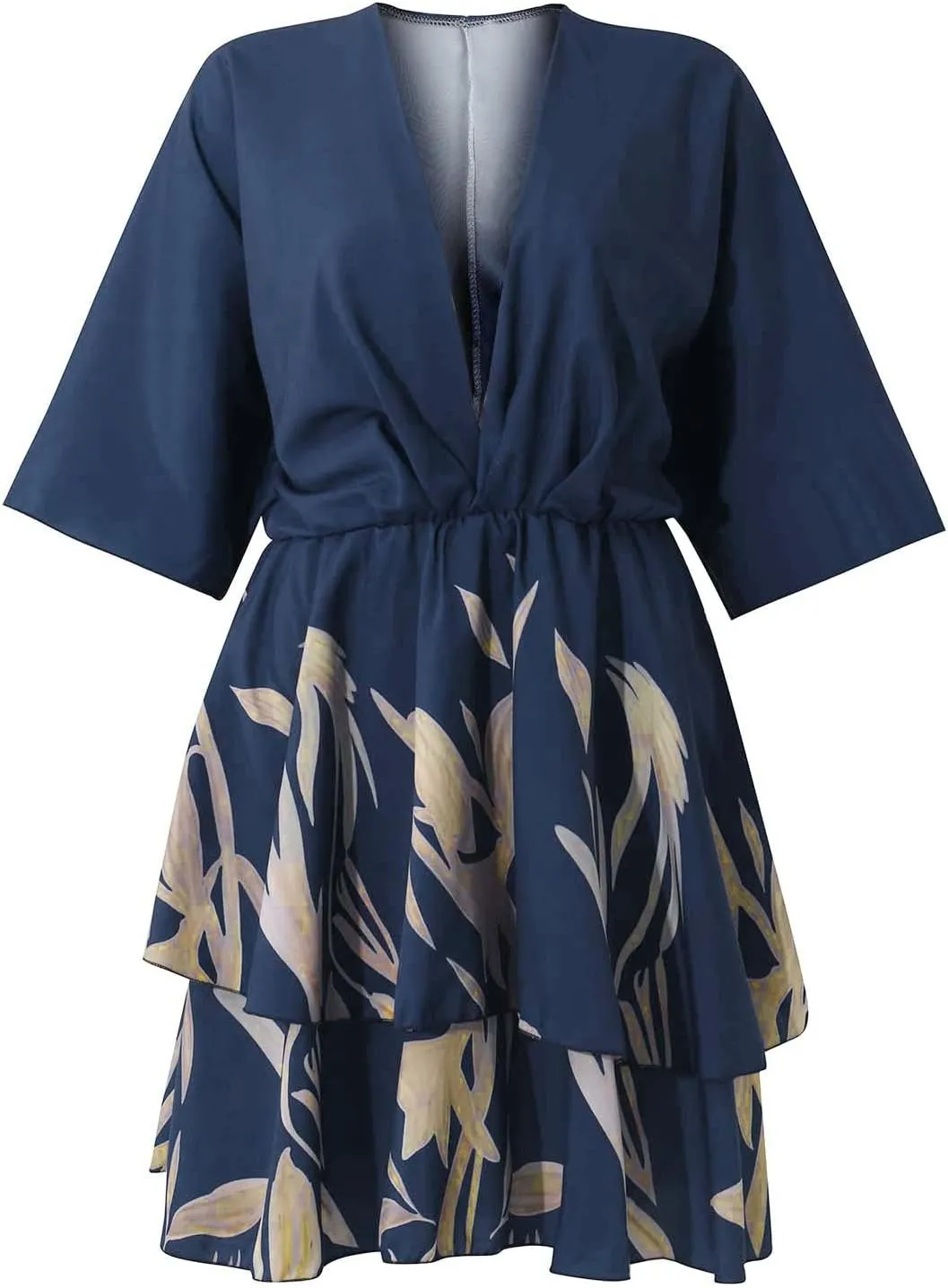 Beach Dresses for Women,2024 Summer Batwing Sleeve Floral Print Boho Dress,Casual V Neck Tiered Ruched Mini Dress