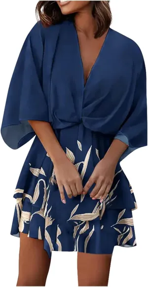 Beach Dresses for Women,2024 Summer Batwing Sleeve Floral Print Boho Dress,Casual V Neck Tiered Ruched Mini Dress