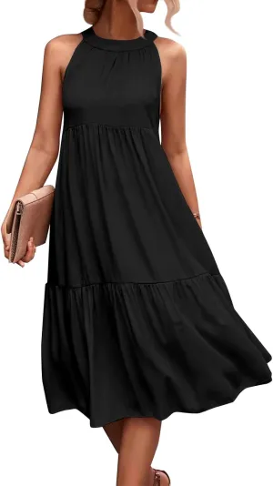 Beach Dresses for Women,2025 Summer Trendy Sleeveless Halter A Line Sundress,Flowy Pleated Tiered Swing Boho Dress