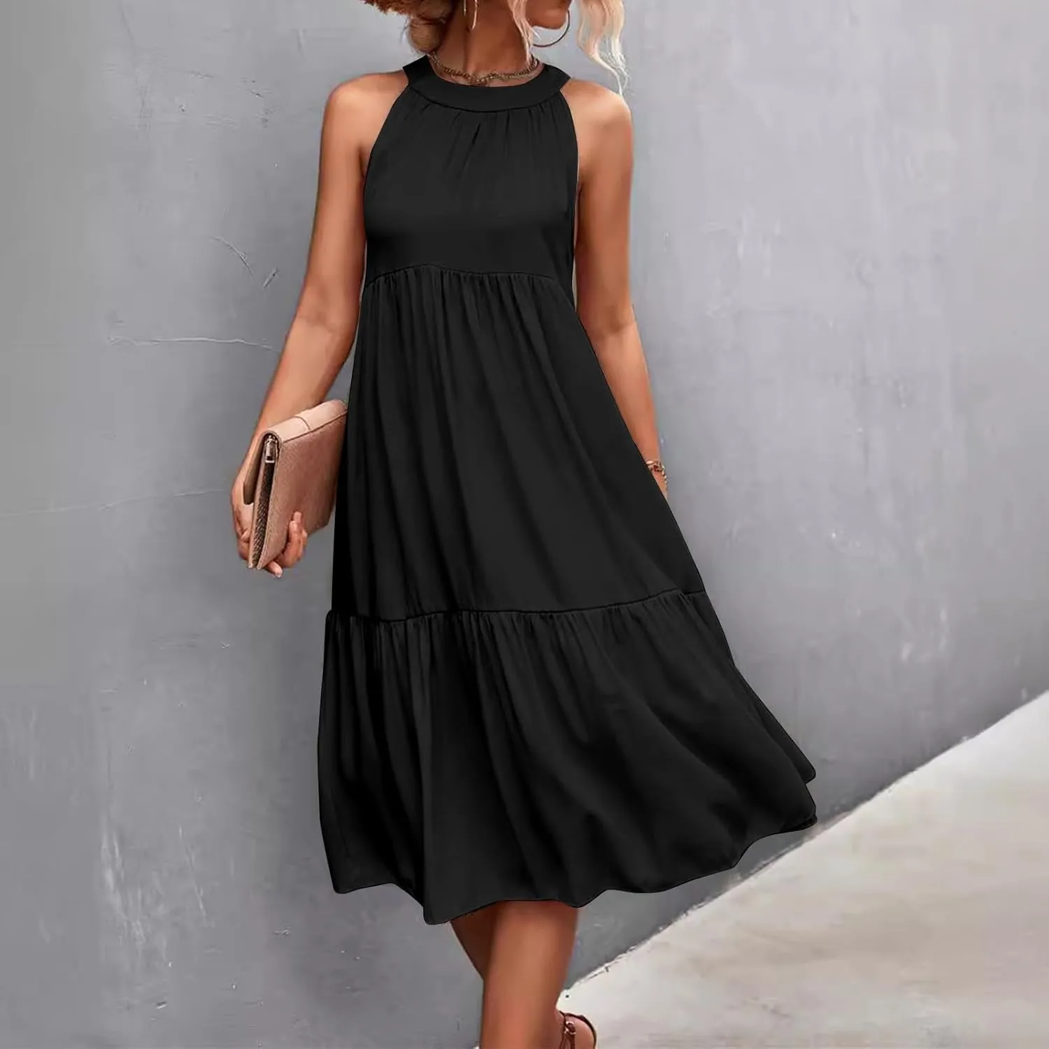 Beach Dresses for Women,2025 Summer Trendy Sleeveless Halter A Line Sundress,Flowy Pleated Tiered Swing Boho Dress