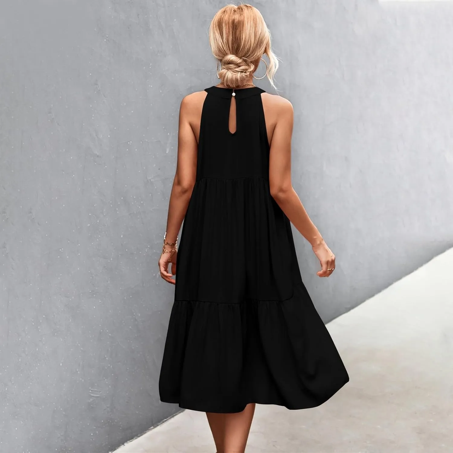 Beach Dresses for Women,2025 Summer Trendy Sleeveless Halter A Line Sundress,Flowy Pleated Tiered Swing Boho Dress