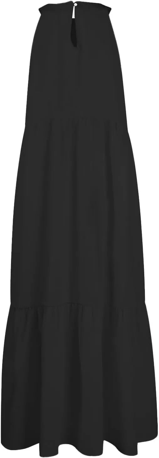 Beach Dresses for Women,2025 Summer Trendy Sleeveless Halter A Line Sundress,Flowy Pleated Tiered Swing Boho Dress