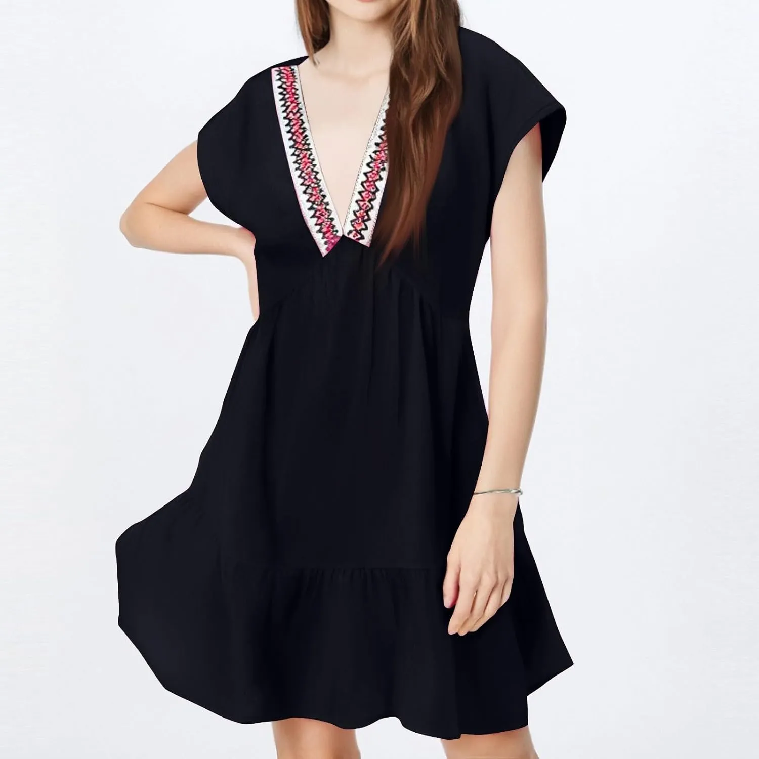 Beach Vacation Clothes for Women Fashion Casual V-Neck Ruffle Short Sleeve Dresses Beach A-Line Mini Dress Sundress