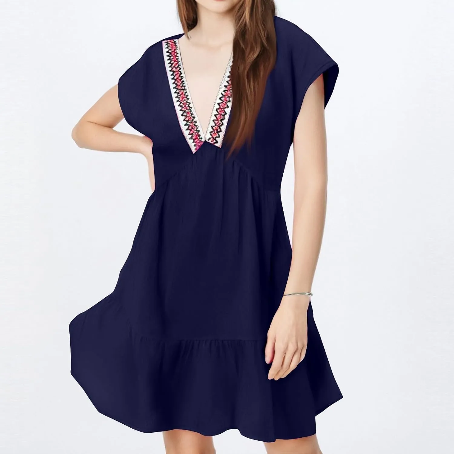 Beach Vacation Clothes for Women Fashion Casual V-Neck Ruffle Short Sleeve Dresses Beach A-Line Mini Dress Sundress