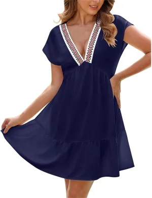 Beach Vacation Clothes for Women Fashion Casual V-Neck Ruffle Short Sleeve Dresses Beach A-Line Mini Dress Sundress
