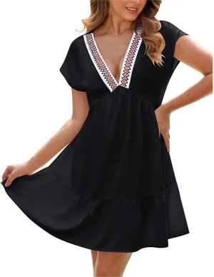 Beach Vacation Clothes for Women Fashion Casual V-Neck Ruffle Short Sleeve Dresses Beach A-Line Mini Dress Sundress