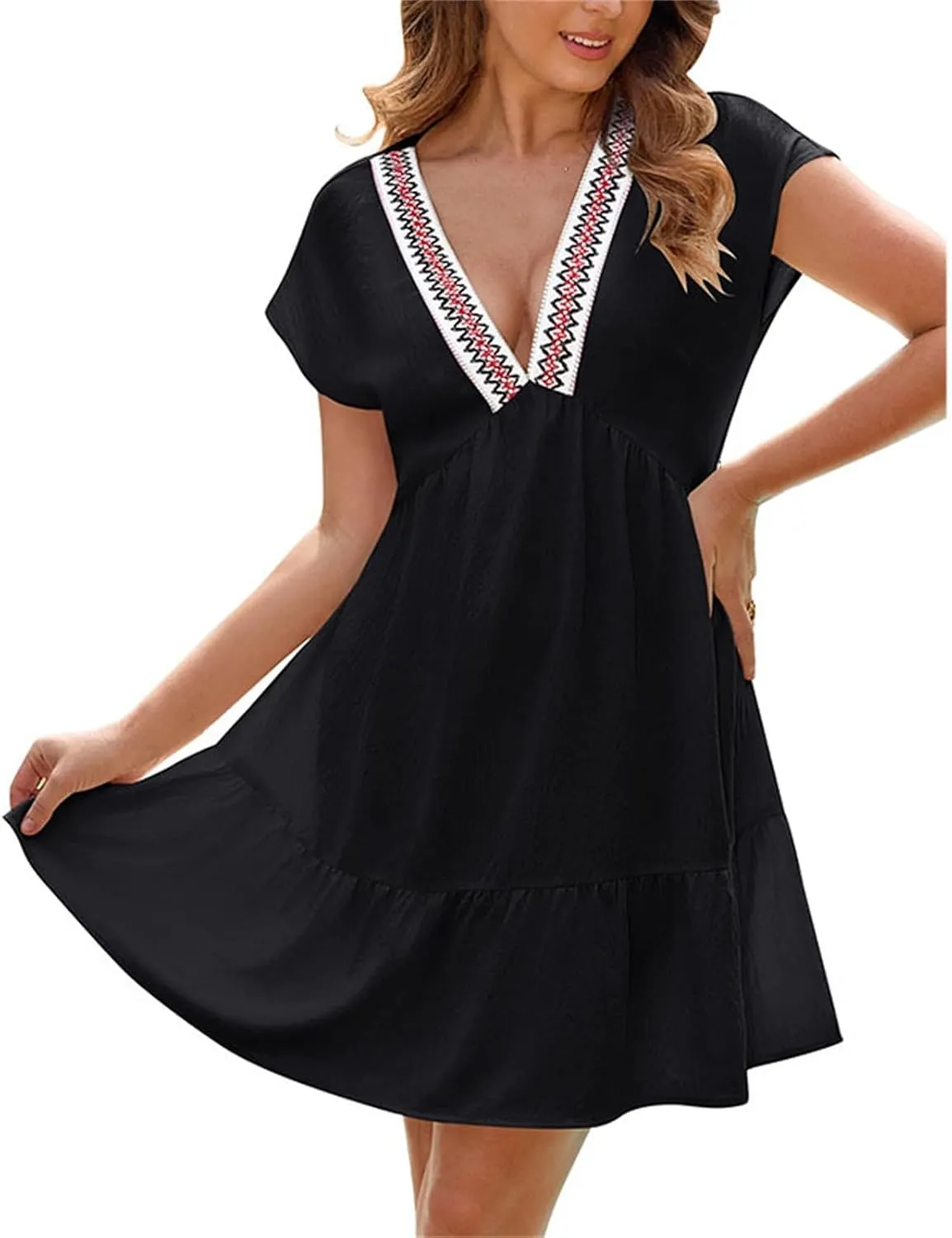 Beach Vacation Clothes for Women Fashion Casual V-Neck Ruffle Short Sleeve Dresses Beach A-Line Mini Dress Sundress