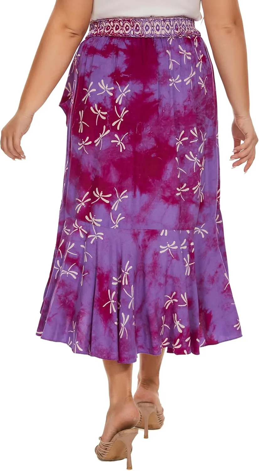 Beautybatik Women Hand Batik Floral Print Long Flowy Pleated Elastic High Low Ruffle Skirt XL 1X 2X