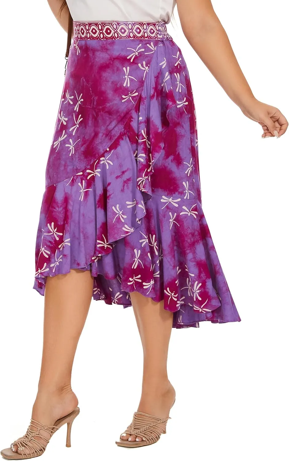 Beautybatik Women Hand Batik Floral Print Long Flowy Pleated Elastic High Low Ruffle Skirt XL 1X 2X