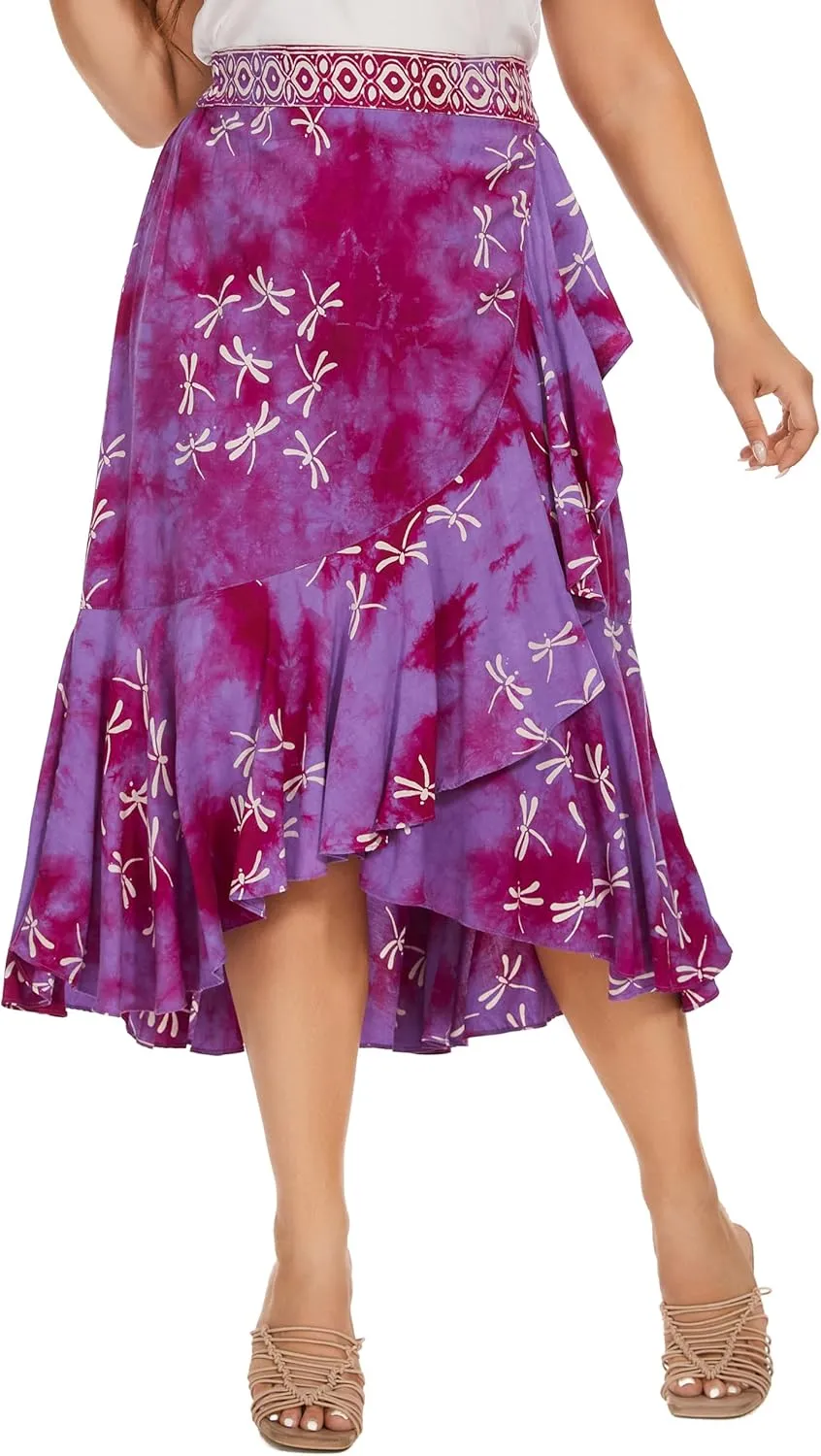 Beautybatik Women Hand Batik Floral Print Long Flowy Pleated Elastic High Low Ruffle Skirt XL 1X 2X