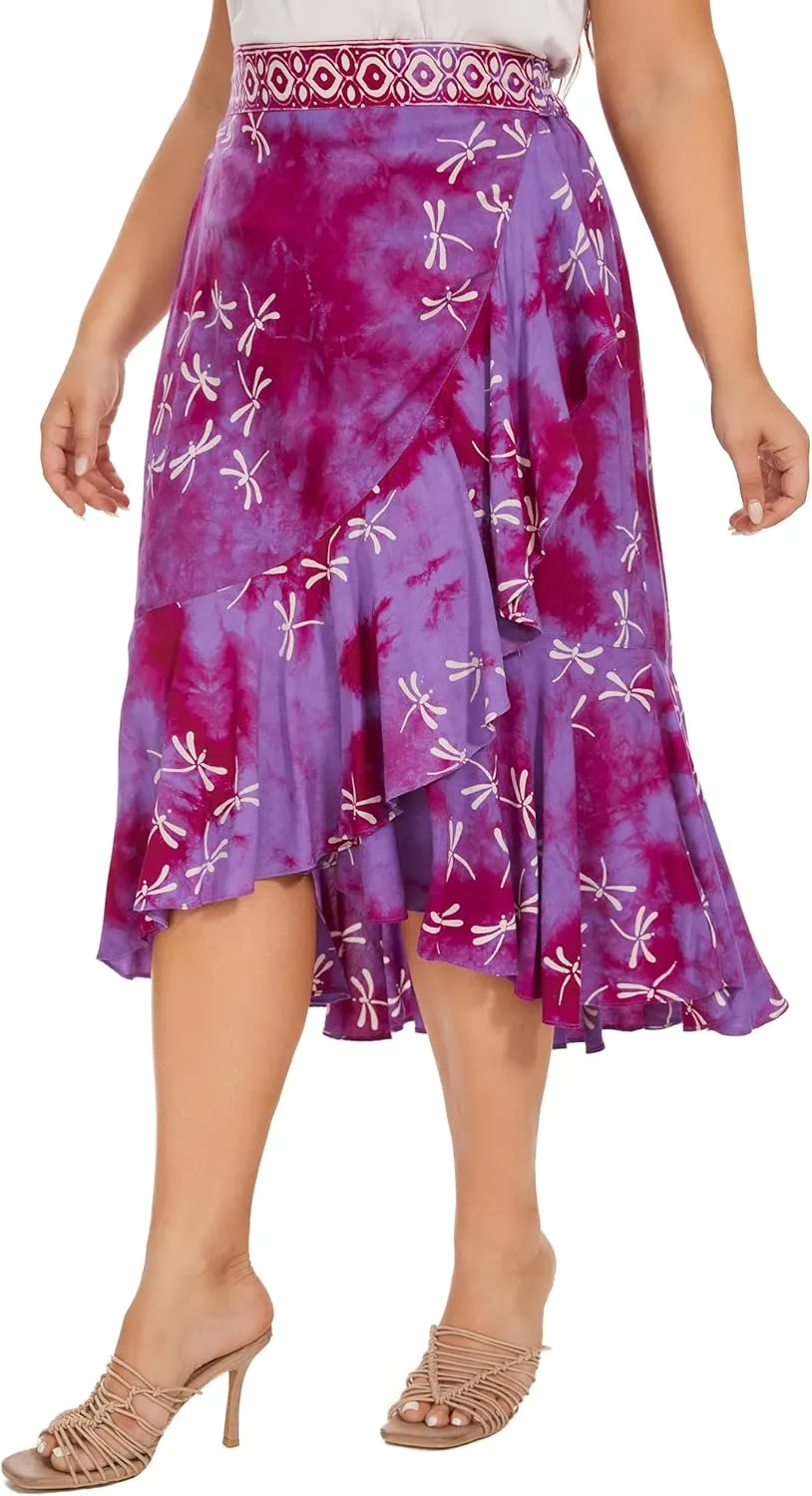 Beautybatik Women Hand Batik Floral Print Long Flowy Pleated Elastic High Low Ruffle Skirt XL 1X 2X