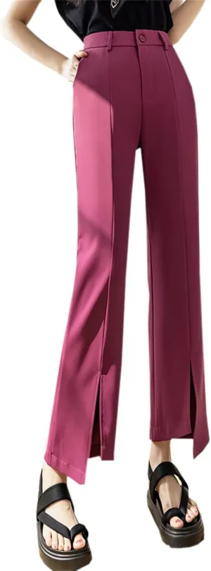 Betusline Women's Split Front High Waist Asymmetrical Hem Cropped Bootcut Pants