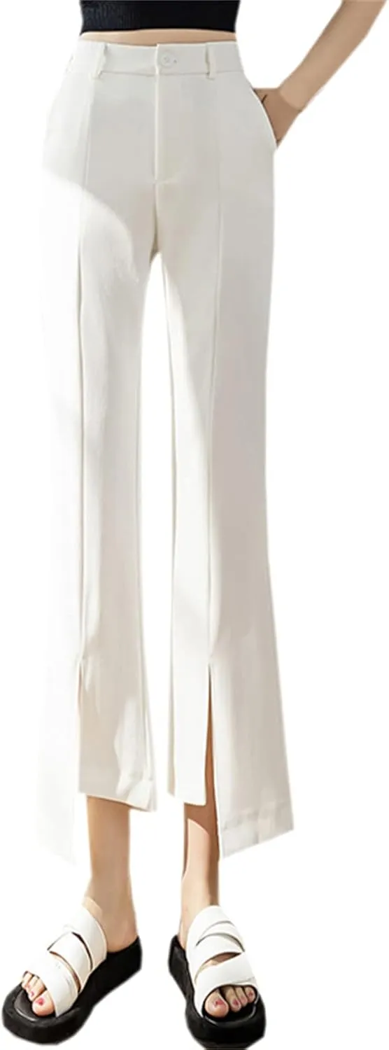 Betusline Women's Split Front High Waist Asymmetrical Hem Cropped Bootcut Pants