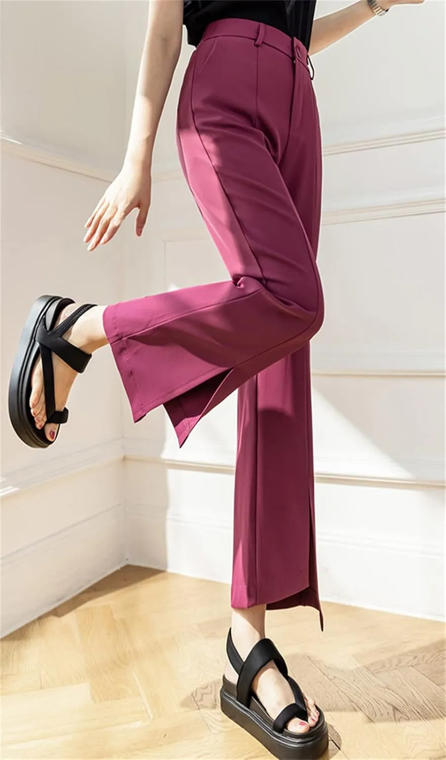 Betusline Women's Split Front High Waist Asymmetrical Hem Cropped Bootcut Pants