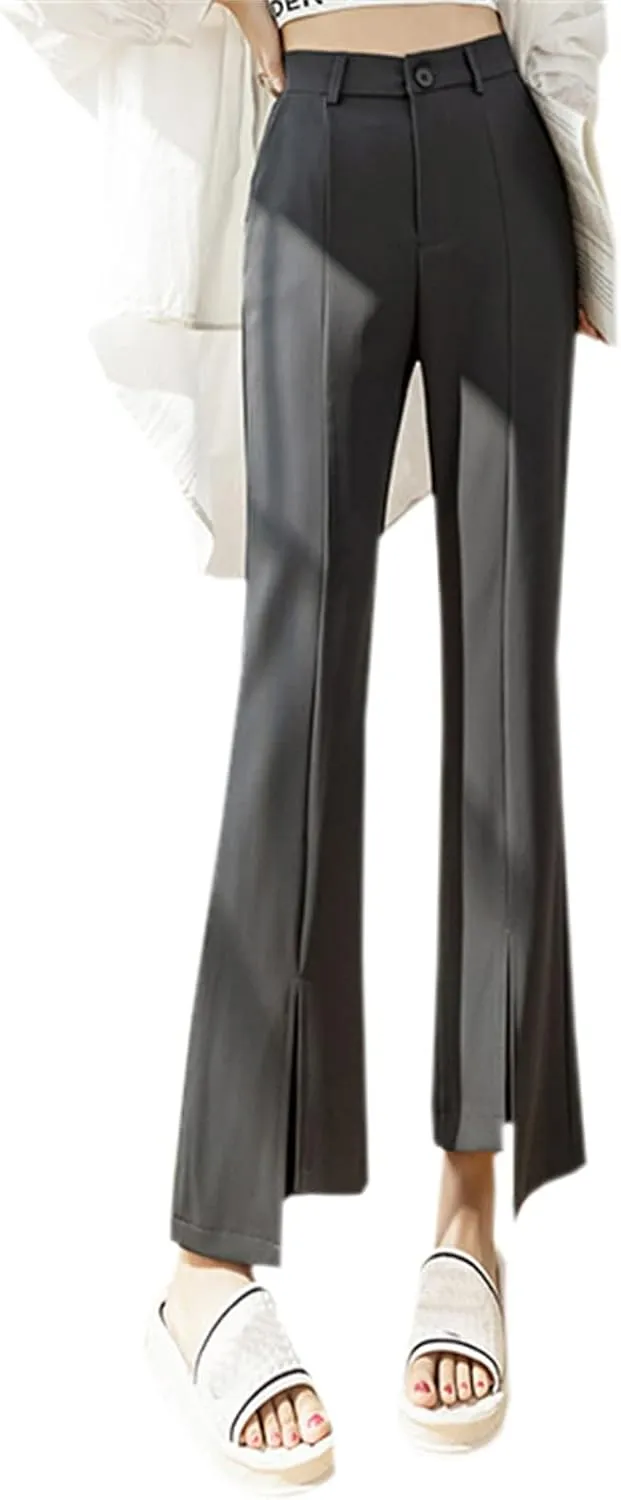 Betusline Women's Split Front High Waist Asymmetrical Hem Cropped Bootcut Pants
