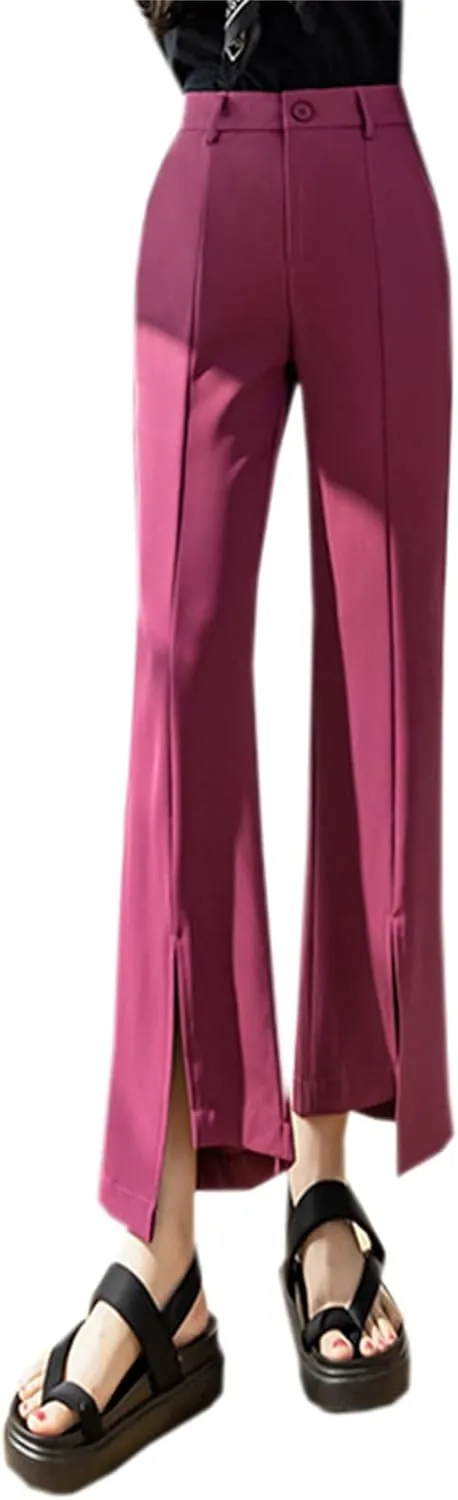 Betusline Women's Split Front High Waist Asymmetrical Hem Cropped Bootcut Pants