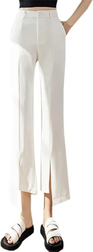 Betusline Women's Split Front High Waist Asymmetrical Hem Cropped Bootcut Pants